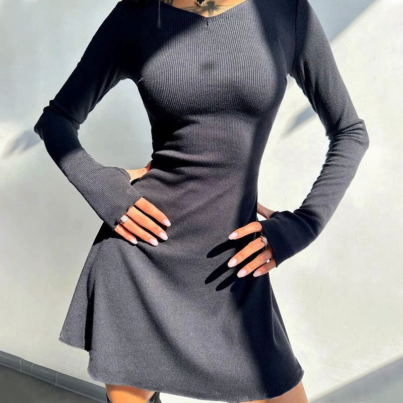 Ribbed -Mini Elbise