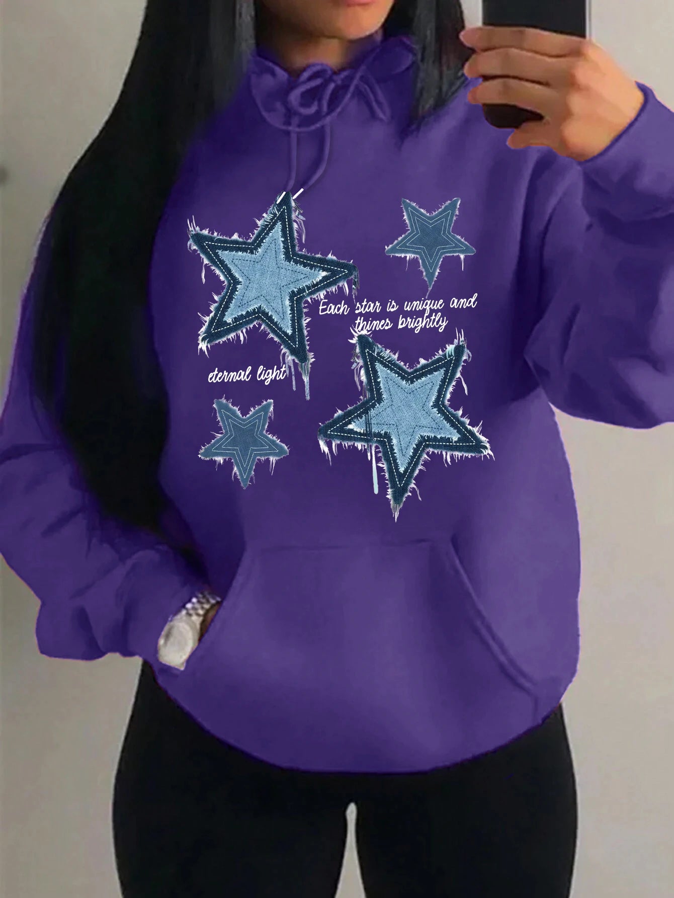 Brap - Retro Yıldız Baskılı Kadın Polar Hoodie