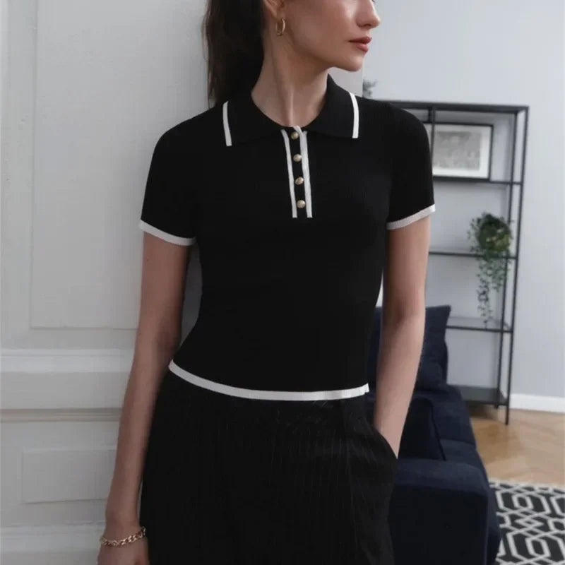 Chic -  Polo Yaka Örme Kadın Old Money Bluz