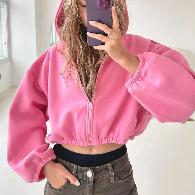 Kary - Kadın Fermuarlı Crop Hoodie