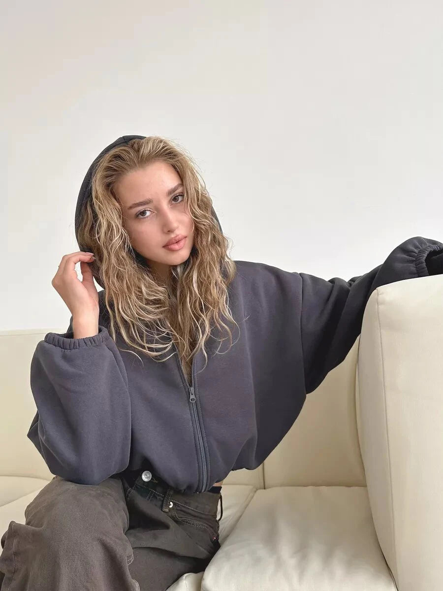 Kary - Kadın Fermuarlı Crop Hoodie