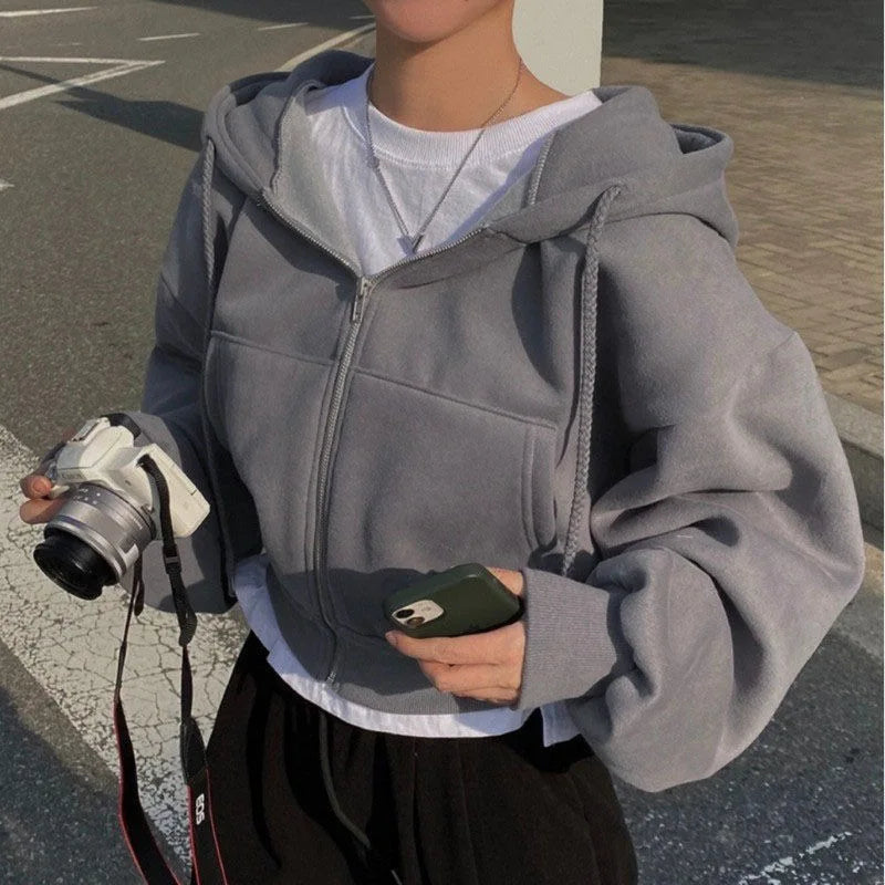 Lesadens -  Kadın Fermuarlı Kapüşonlu Crop Sweatshirt