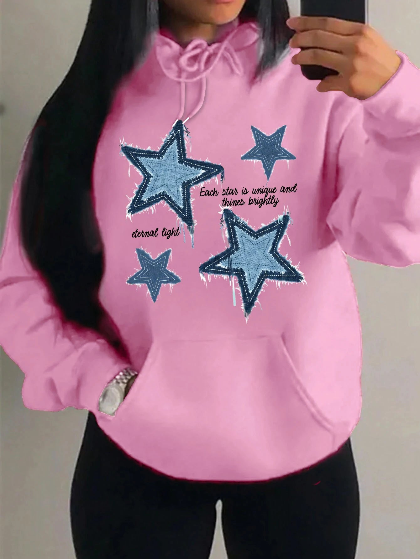Brap - Retro Yıldız Baskılı Kadın Polar Hoodie