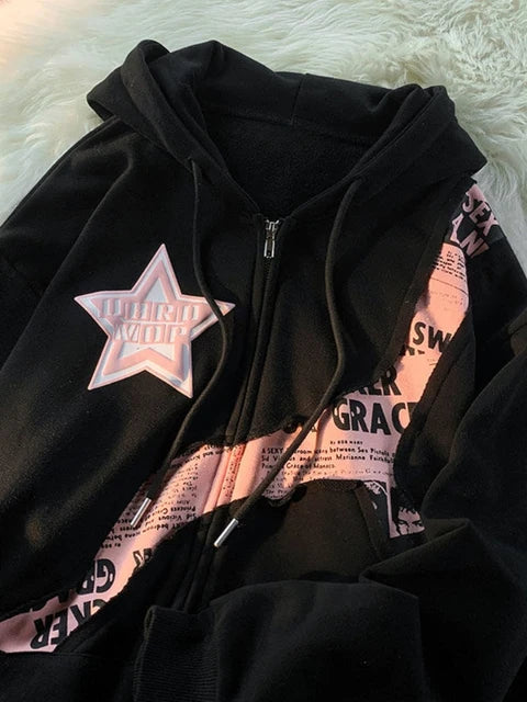 İdelsa - Kpop Yıldız Baskılı Kadın Fermuarlı Hoodie
