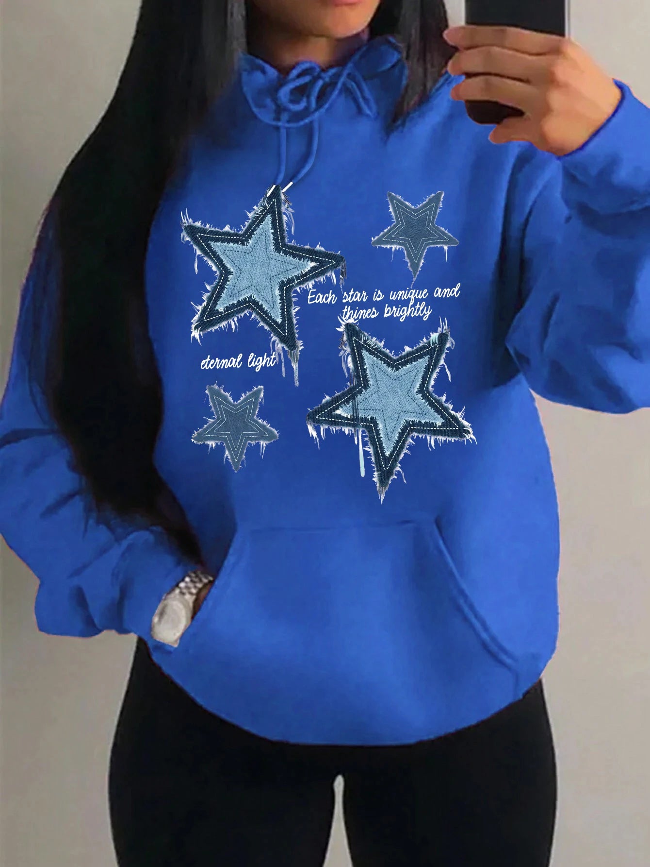 Brap - Retro Yıldız Baskılı Kadın Polar Hoodie