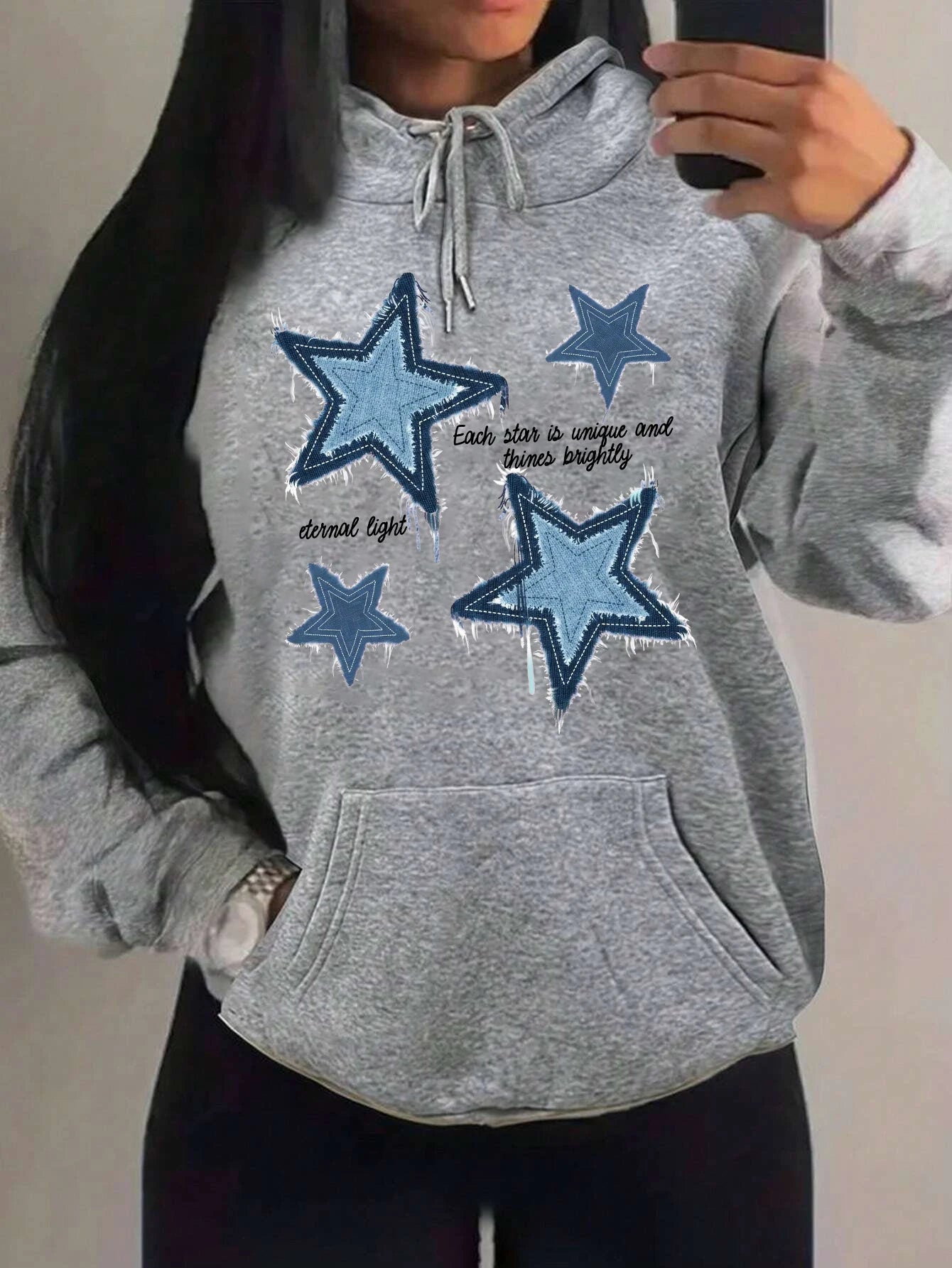 Brap - Retro Yıldız Baskılı Kadın Polar Hoodie