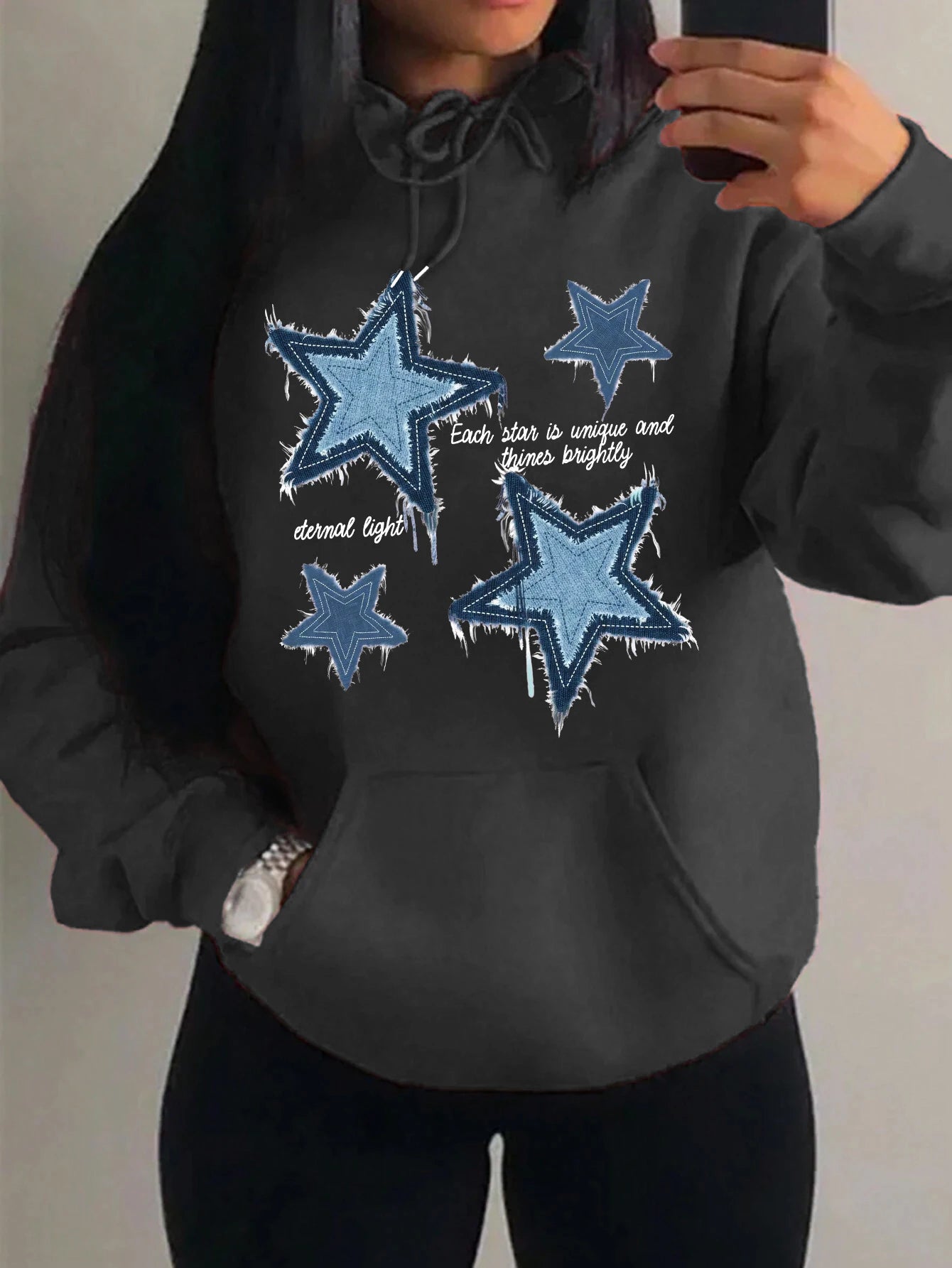 Brap - Retro Yıldız Baskılı Kadın Polar Hoodie