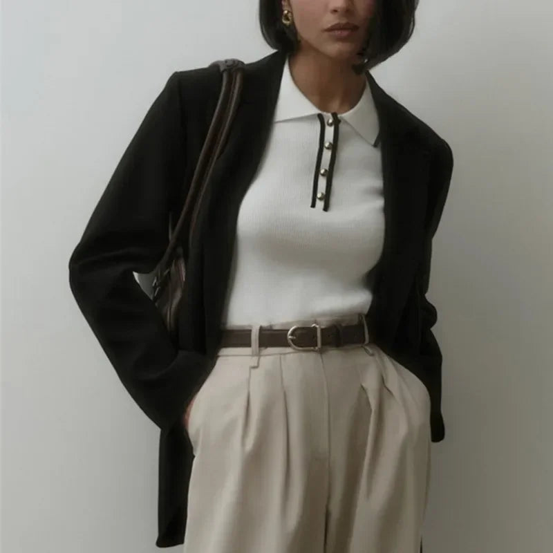 Chic -  Polo Yaka Örme Kadın Old Money Bluz