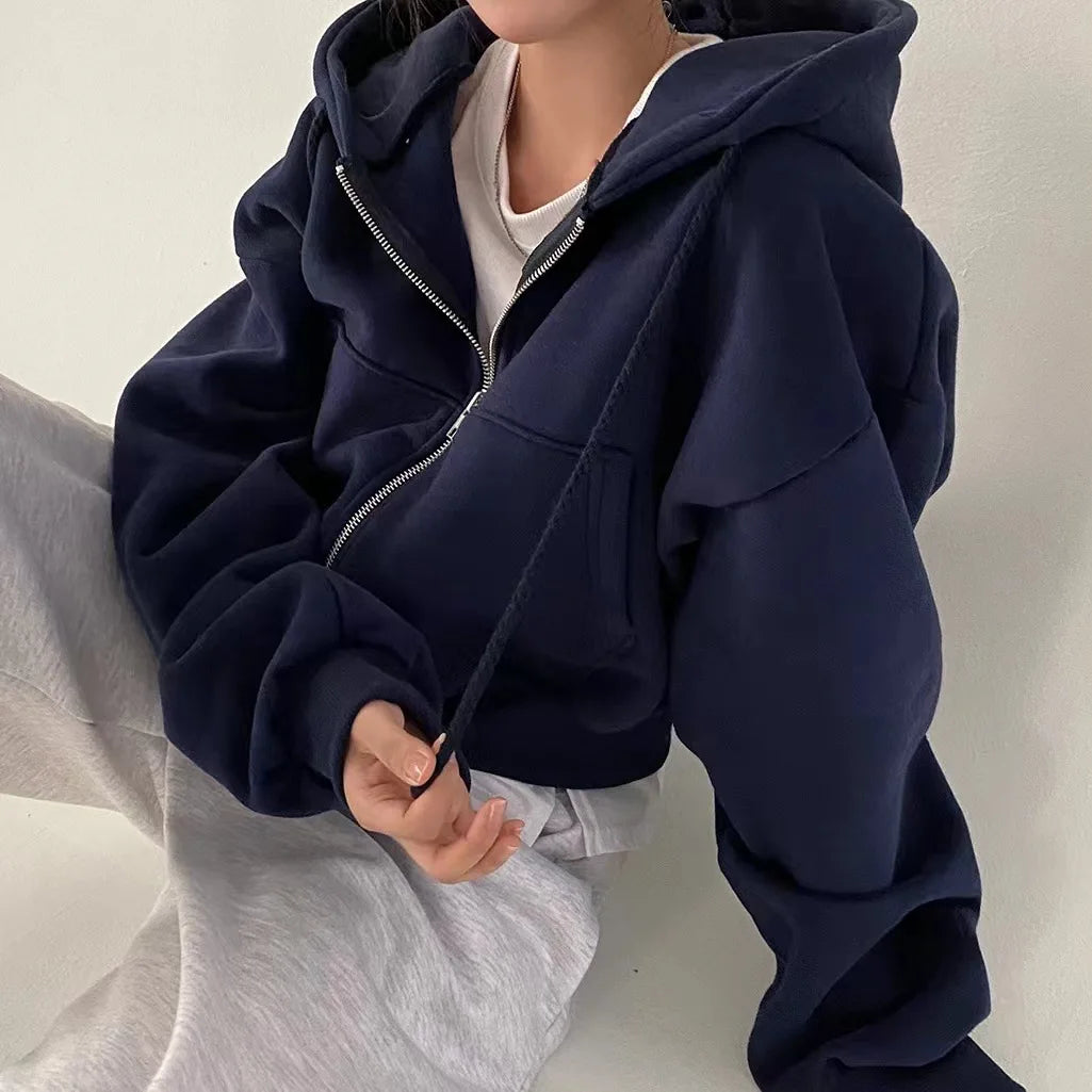 Lesadens -  Kadın Fermuarlı Kapüşonlu Crop Sweatshirt
