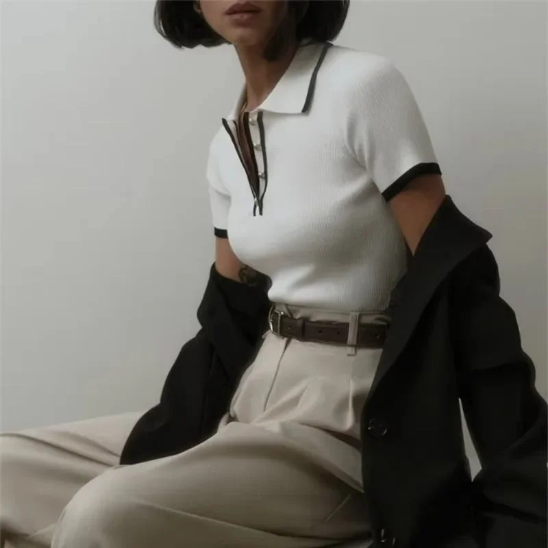 Chic -  Polo Yaka Örme Kadın Old Money Bluz