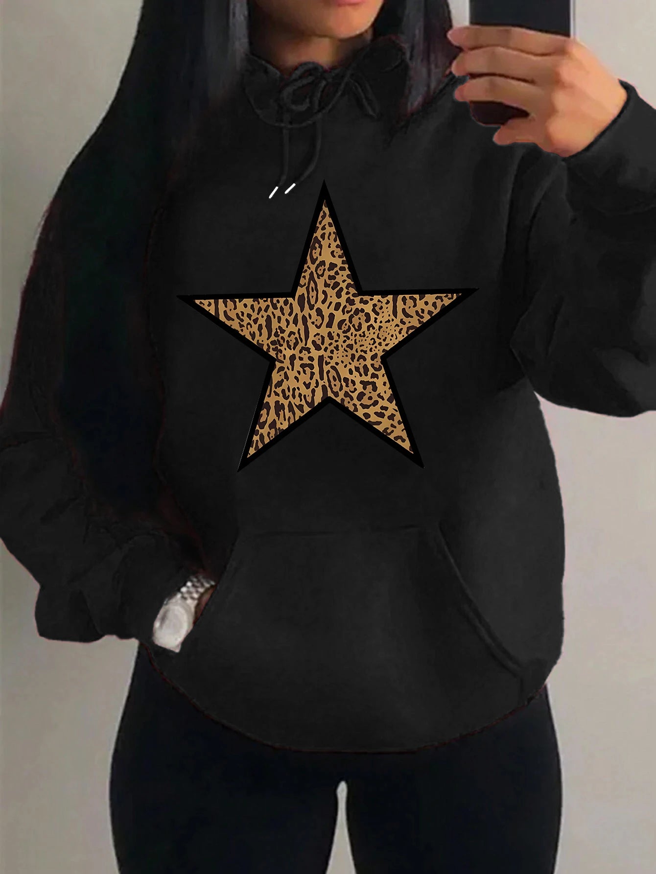 Brap - Retro Yıldız Baskılı Kadın Polar Hoodie