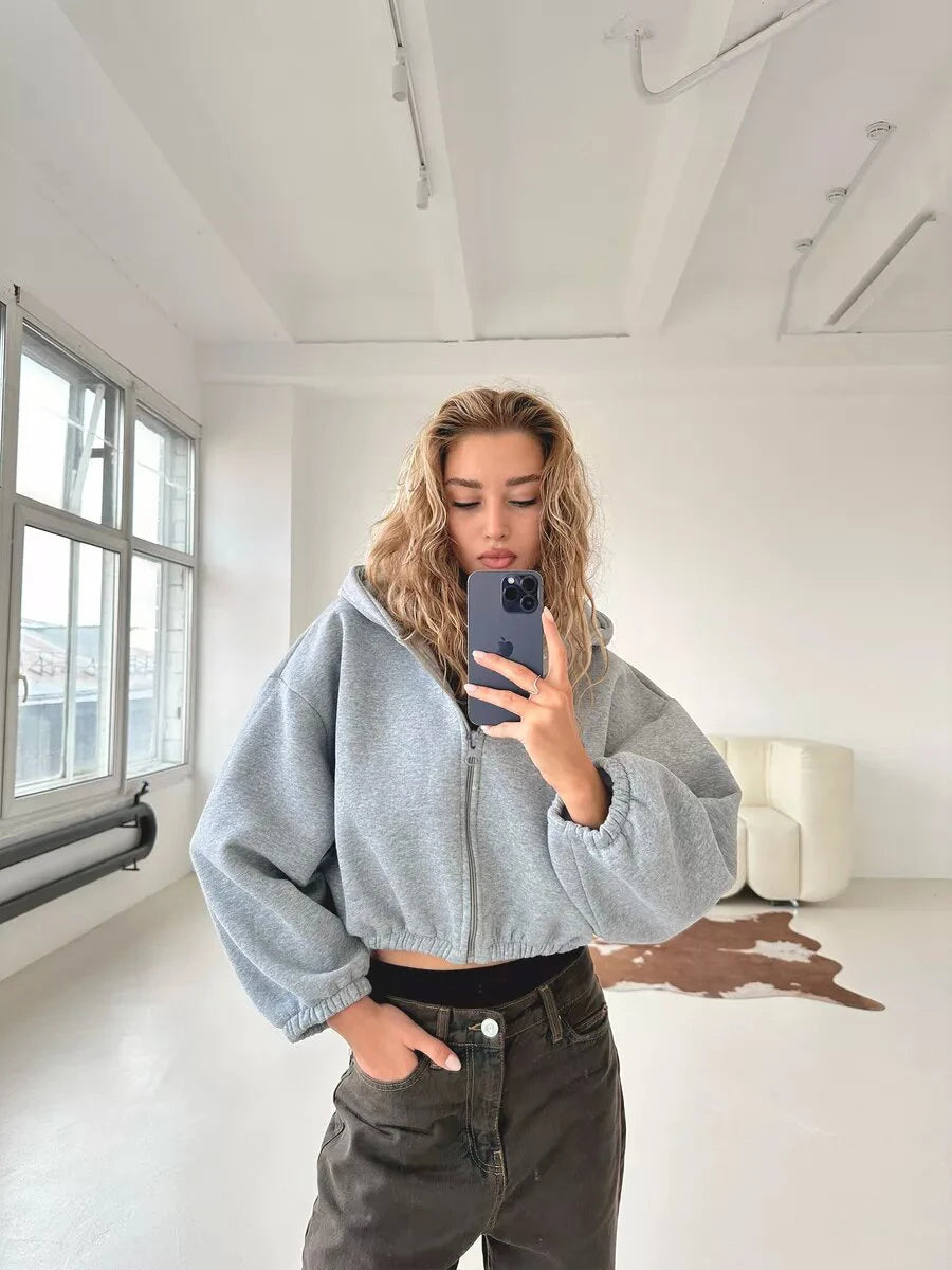 Kary - Kadın Fermuarlı Crop Hoodie