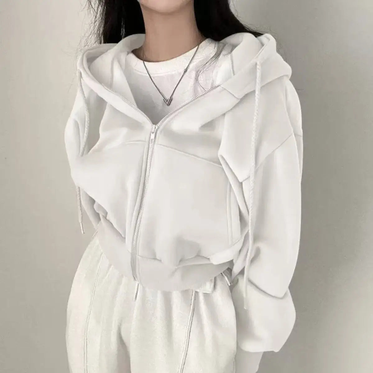 Lesadens -  Kadın Fermuarlı Kapüşonlu Crop Sweatshirt