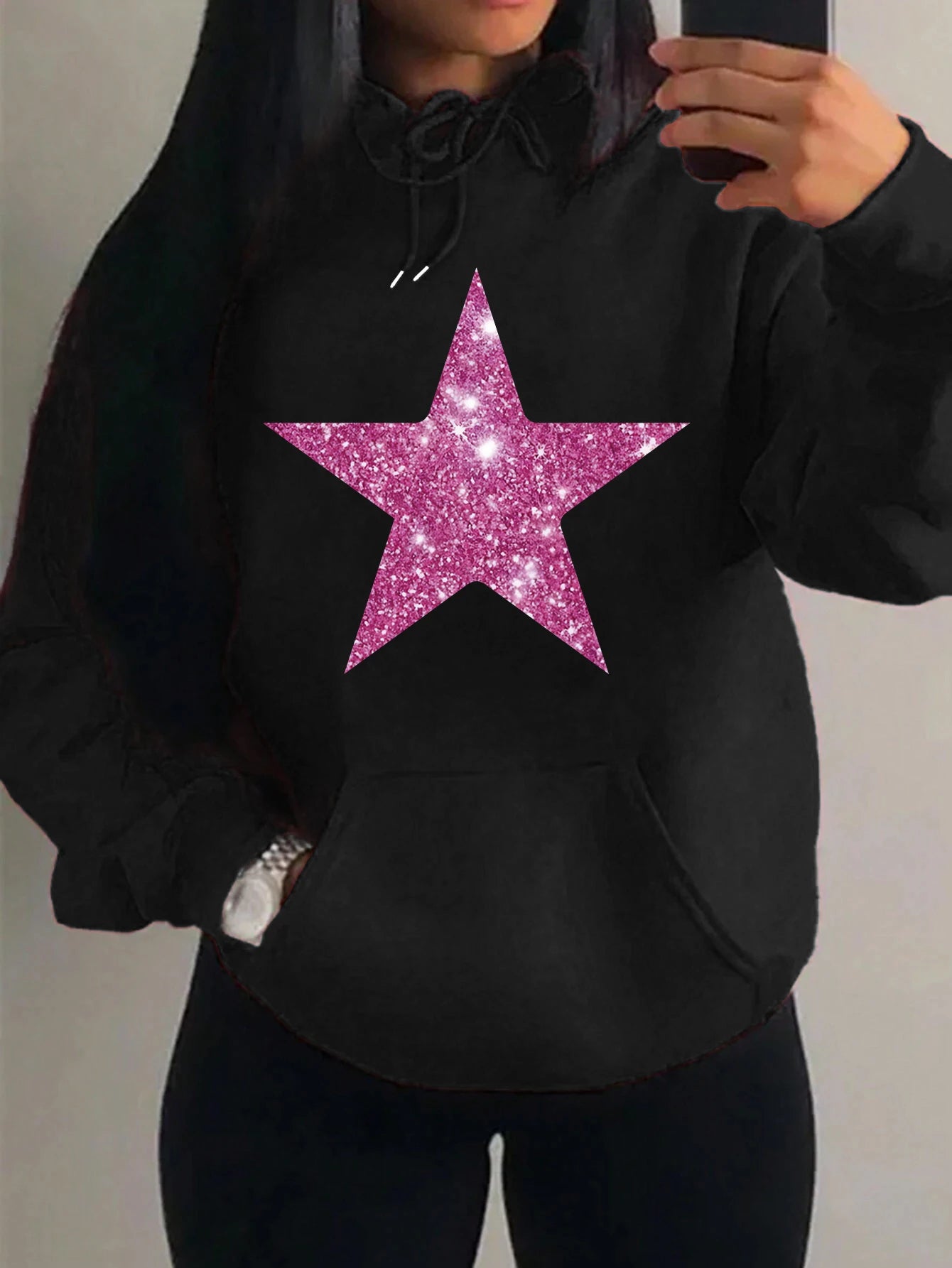 Brap - Retro Yıldız Baskılı Kadın Polar Hoodie