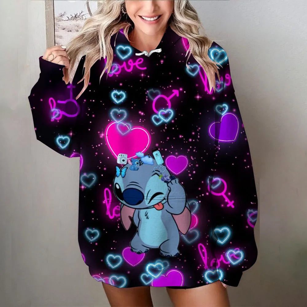 Amnesia - Disney Stitch Baskılı Kadın Bol Hoodie
