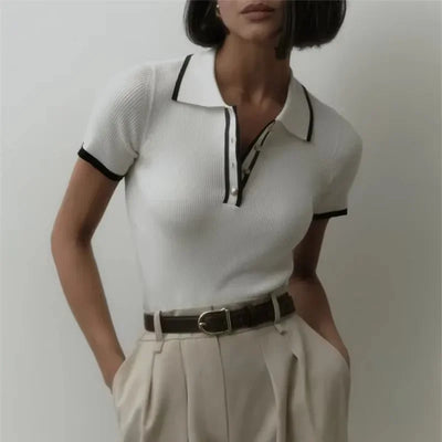 Chic -  Polo Yaka Örme Kadın Old Money Bluz