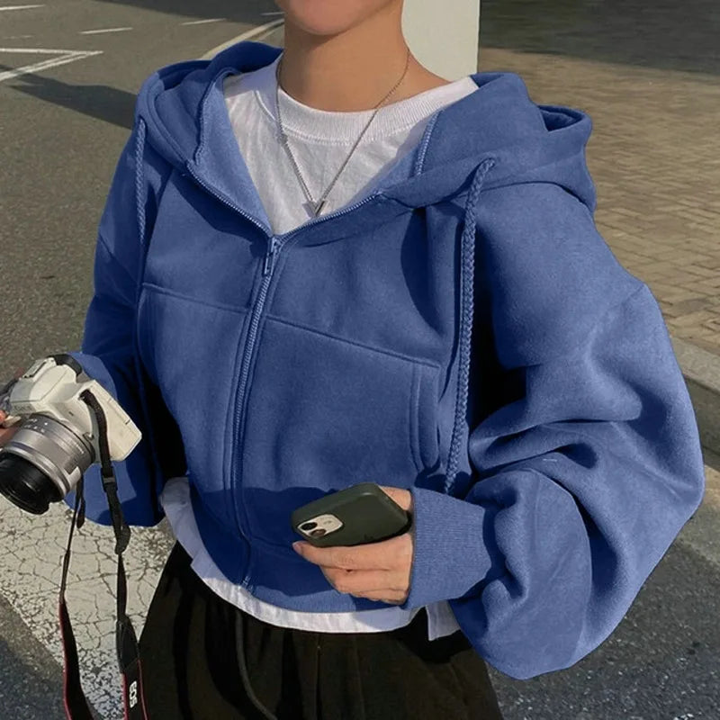 Lesadens -  Kadın Fermuarlı Kapüşonlu Crop Sweatshirt