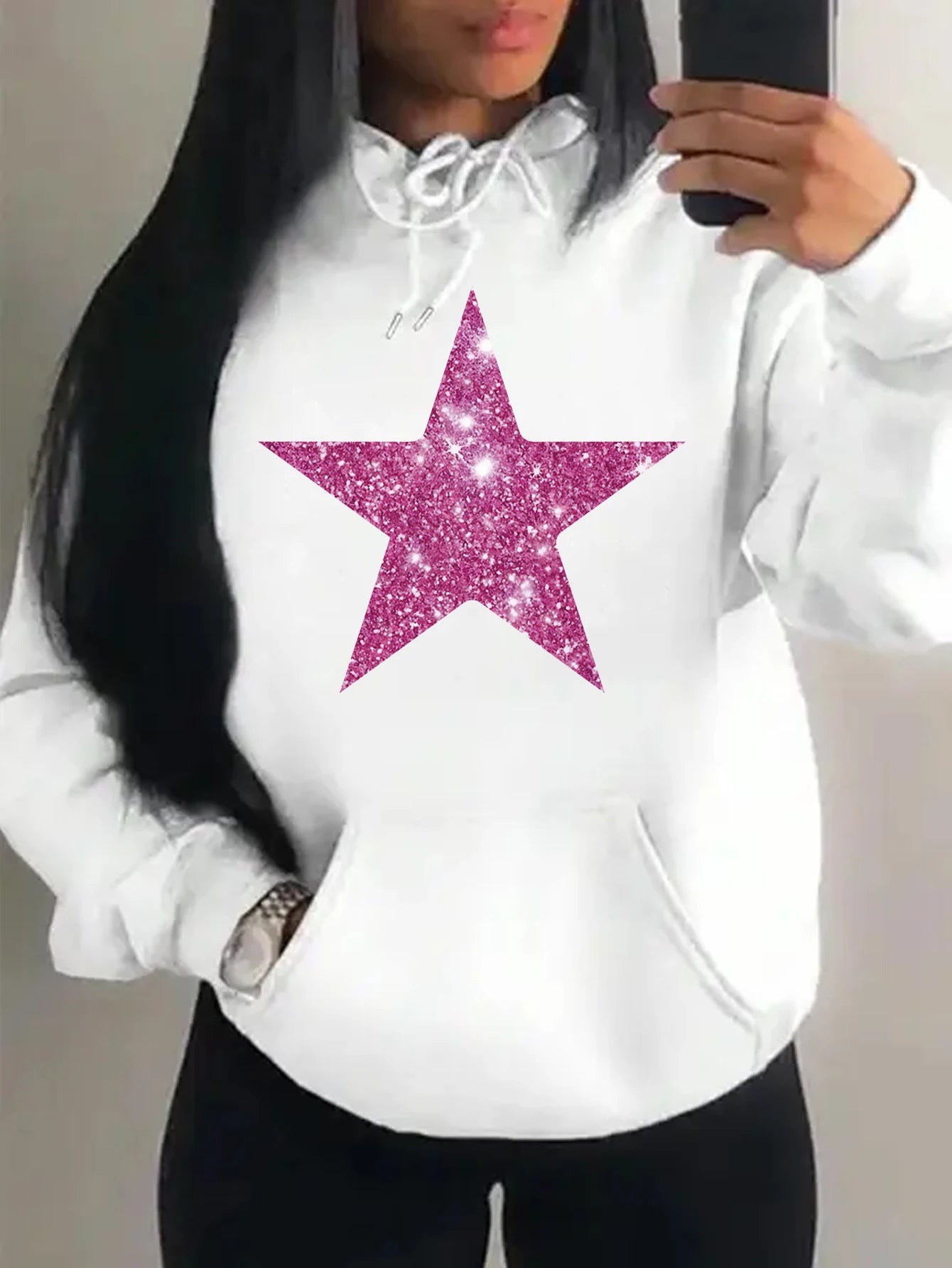 Brap - Retro Yıldız Baskılı Kadın Polar Hoodie