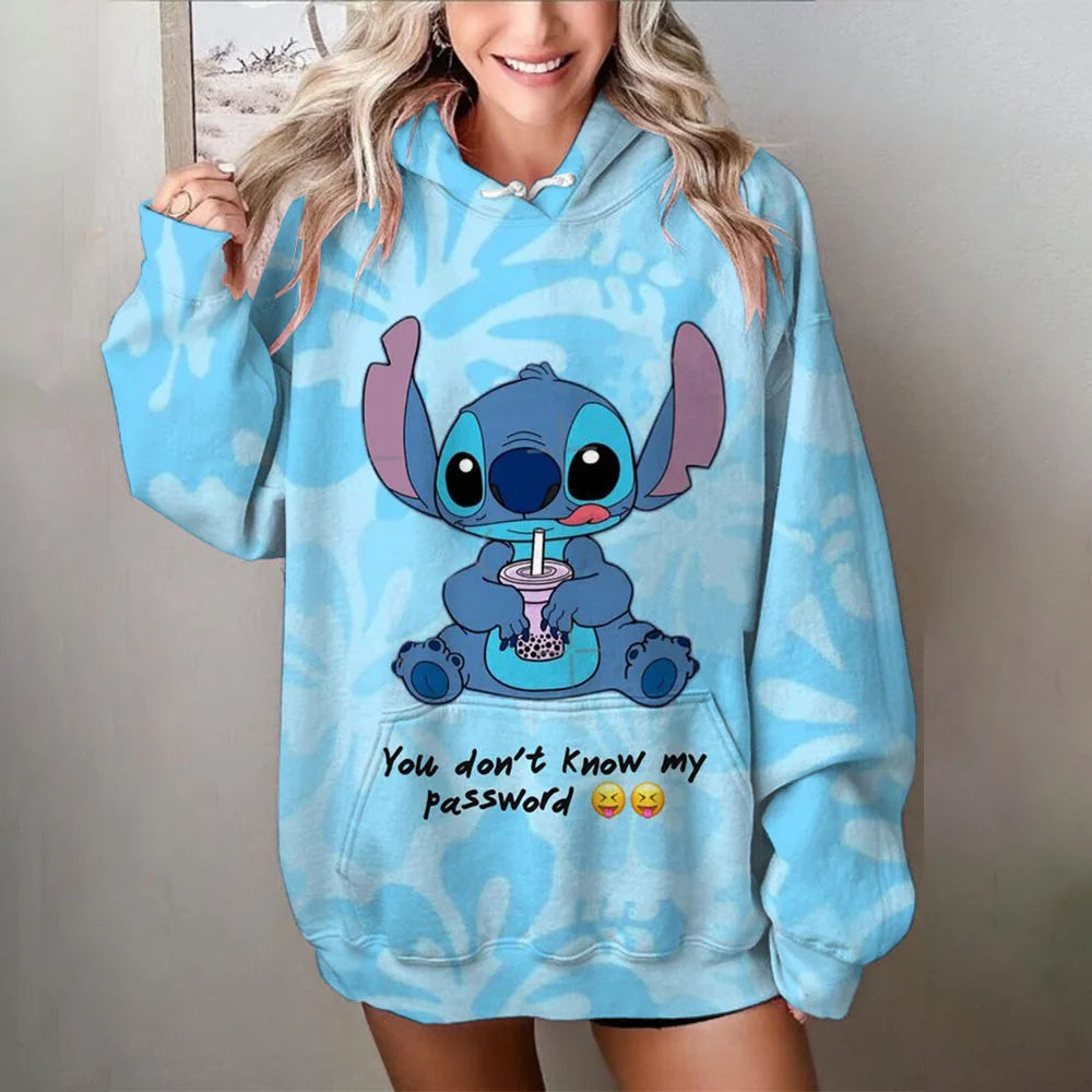 Amnesia - Disney Stitch Baskılı Kadın Bol Hoodie