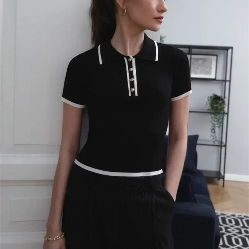 Chic -  Polo Yaka Örme Kadın Old Money Bluz