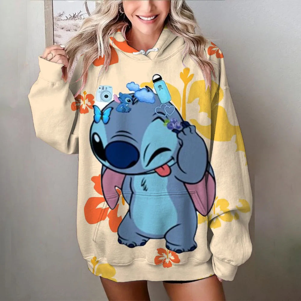 Amnesia - Disney Stitch Baskılı Kadın Bol Hoodie