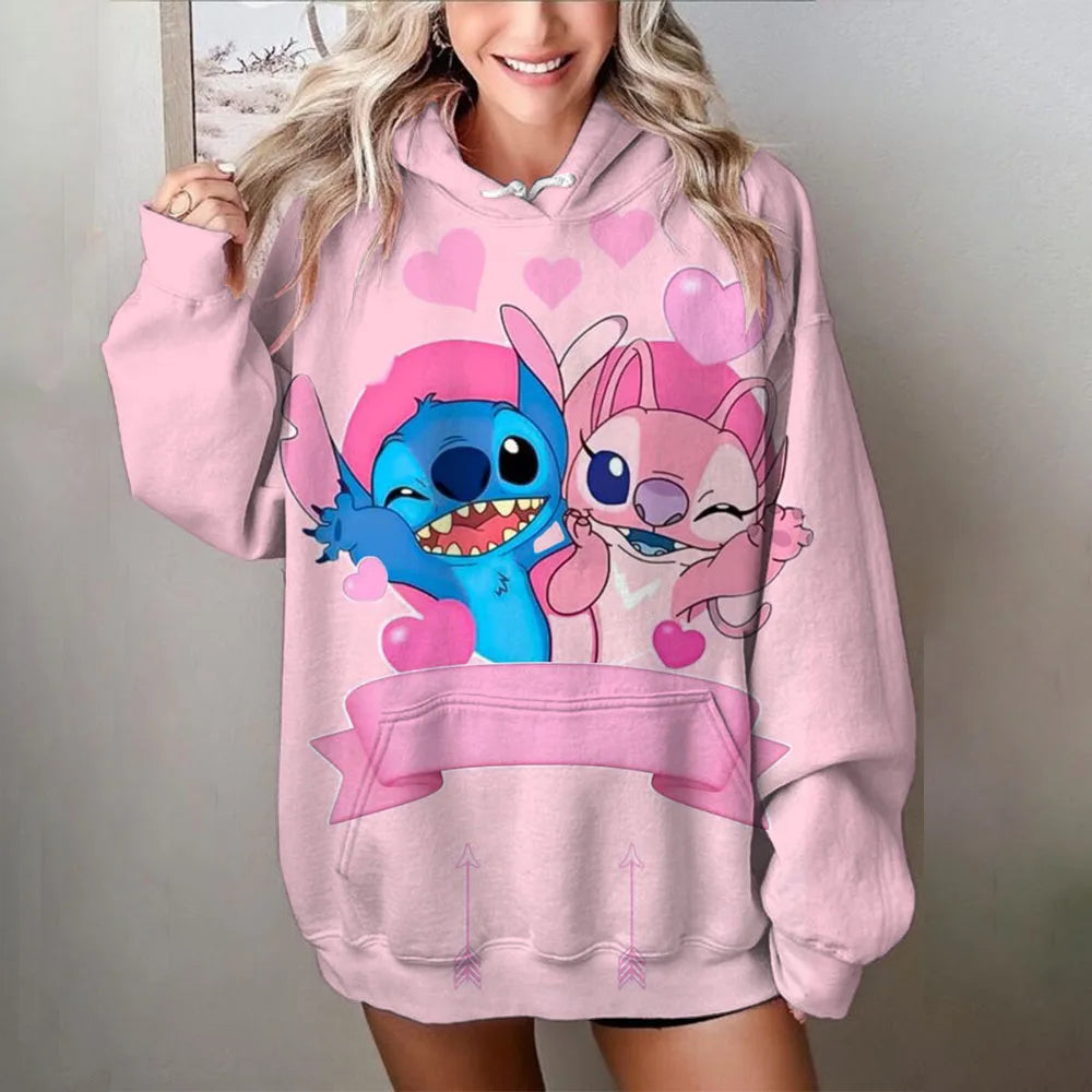 Amnesia - Disney Stitch Baskılı Kadın Bol Hoodie