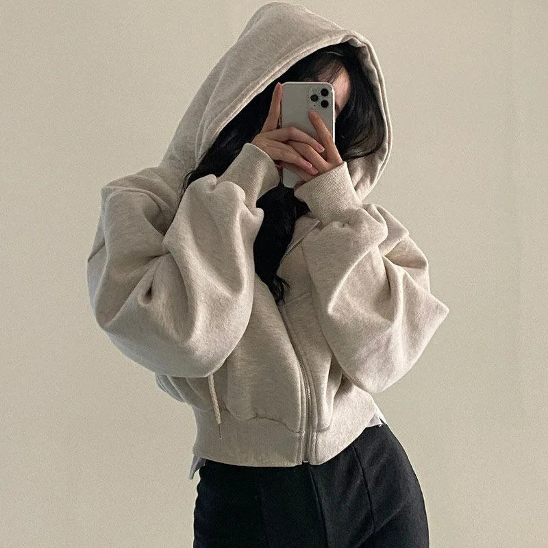 Lesadens -  Kadın Fermuarlı Kapüşonlu Crop Sweatshirt