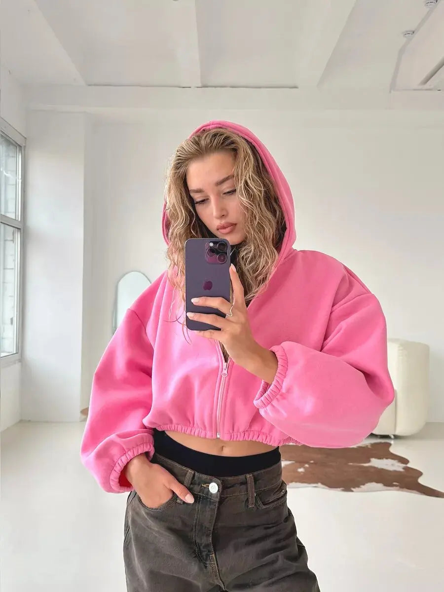 Kary - Kadın Fermuarlı Crop Hoodie