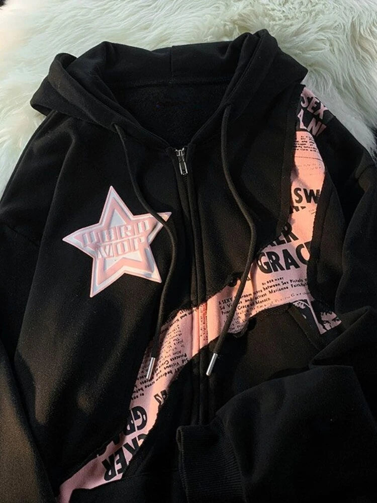 İdelsa - Kpop Yıldız Baskılı Kadın Fermuarlı Hoodie
