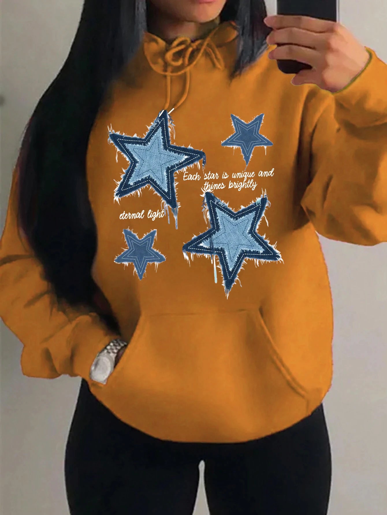Brap - Retro Yıldız Baskılı Kadın Polar Hoodie