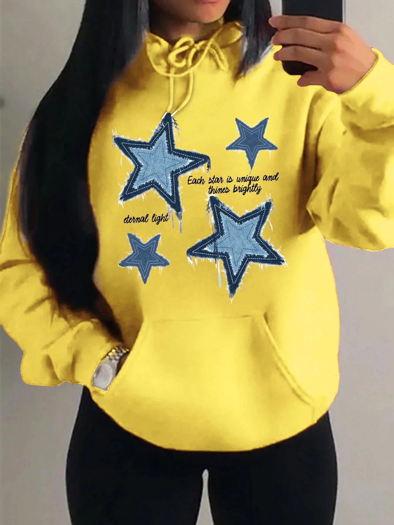 Brap - Retro Yıldız Baskılı Kadın Polar Hoodie