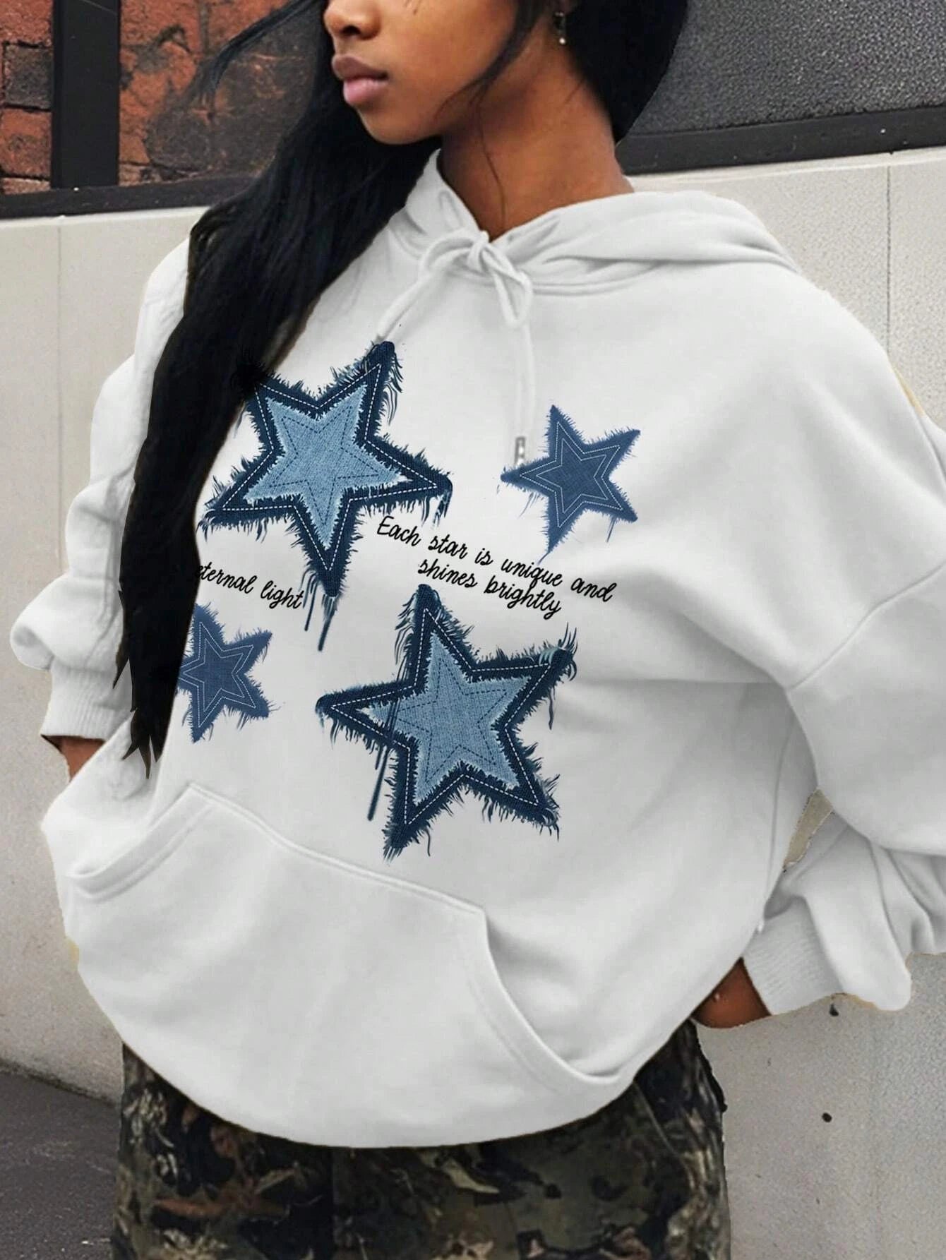 Brap - Retro Yıldız Baskılı Kadın Polar Hoodie
