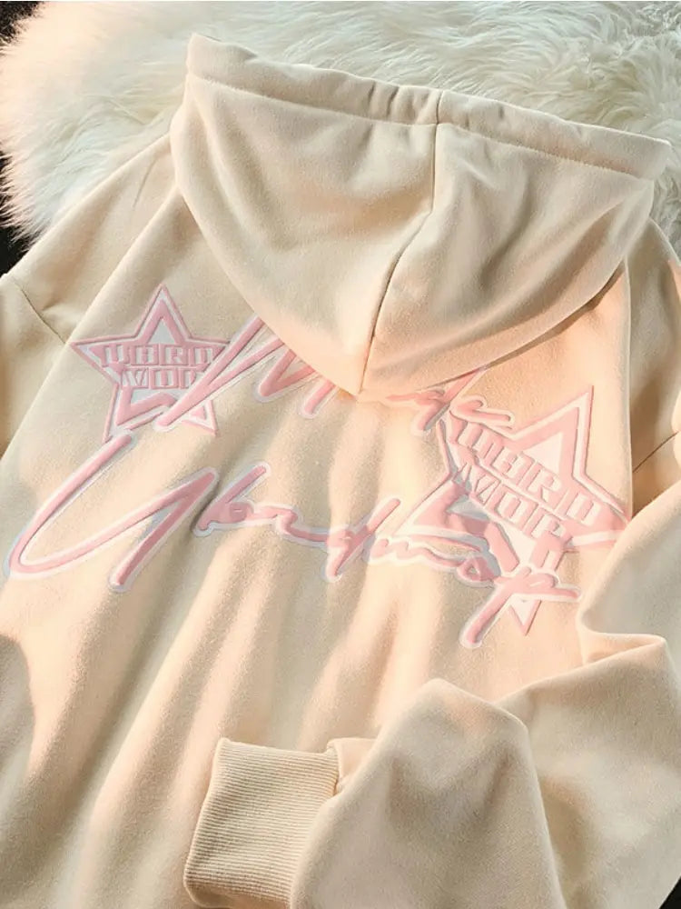 İdelsa - Kpop Yıldız Baskılı Kadın Fermuarlı Hoodie