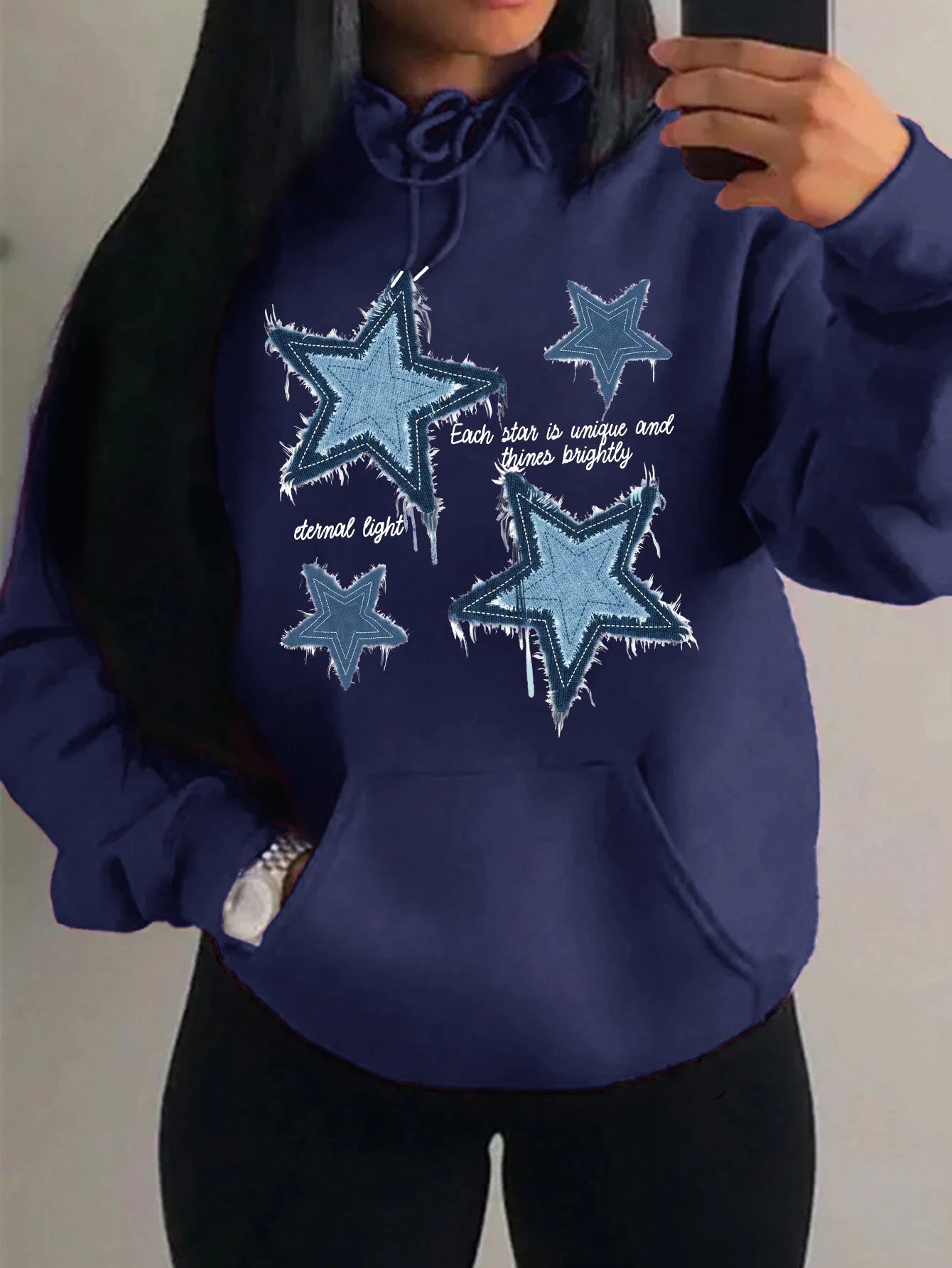 Brap - Retro Yıldız Baskılı Kadın Polar Hoodie