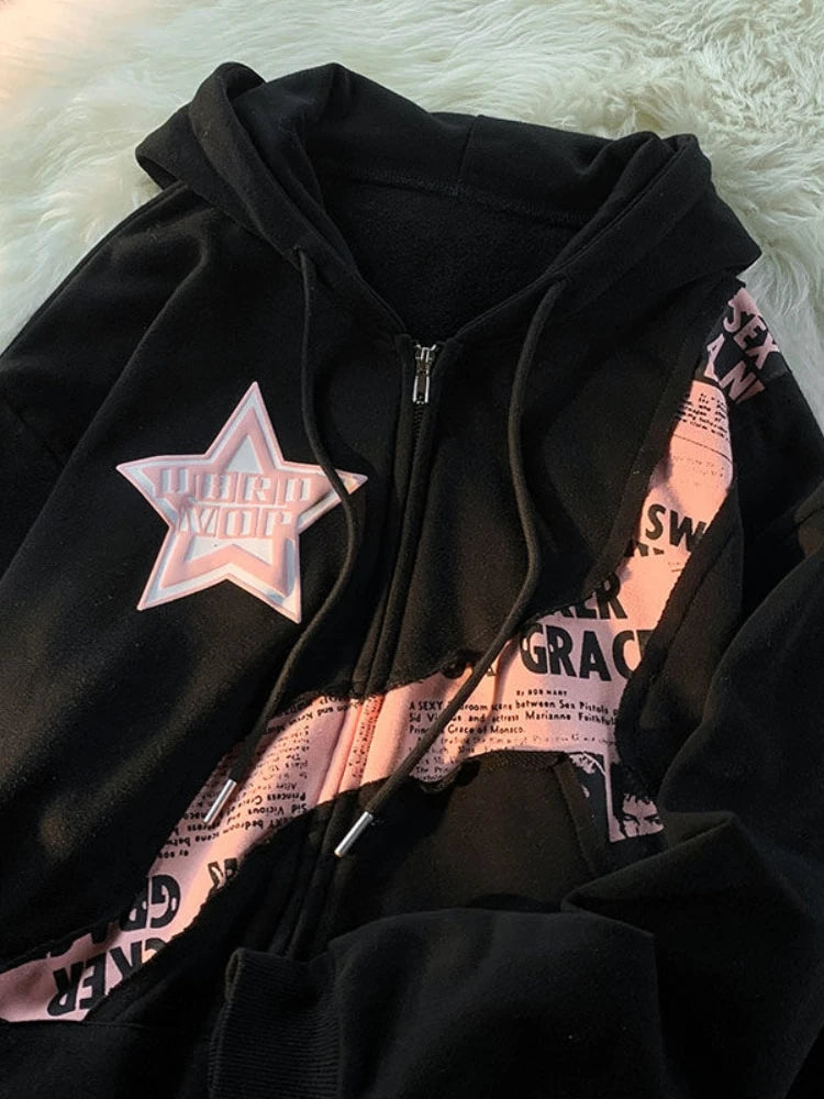 İdelsa - Kpop Yıldız Baskılı Kadın Fermuarlı Hoodie