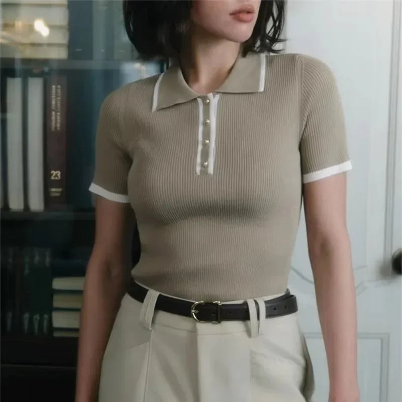 Chic -  Polo Yaka Örme Kadın Old Money Bluz