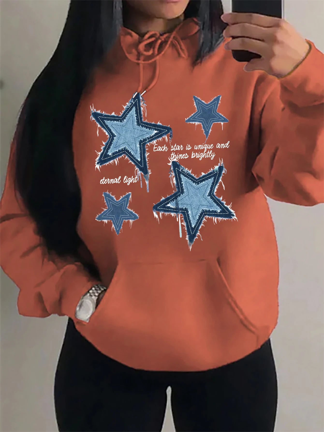 Brap - Retro Yıldız Baskılı Kadın Polar Hoodie
