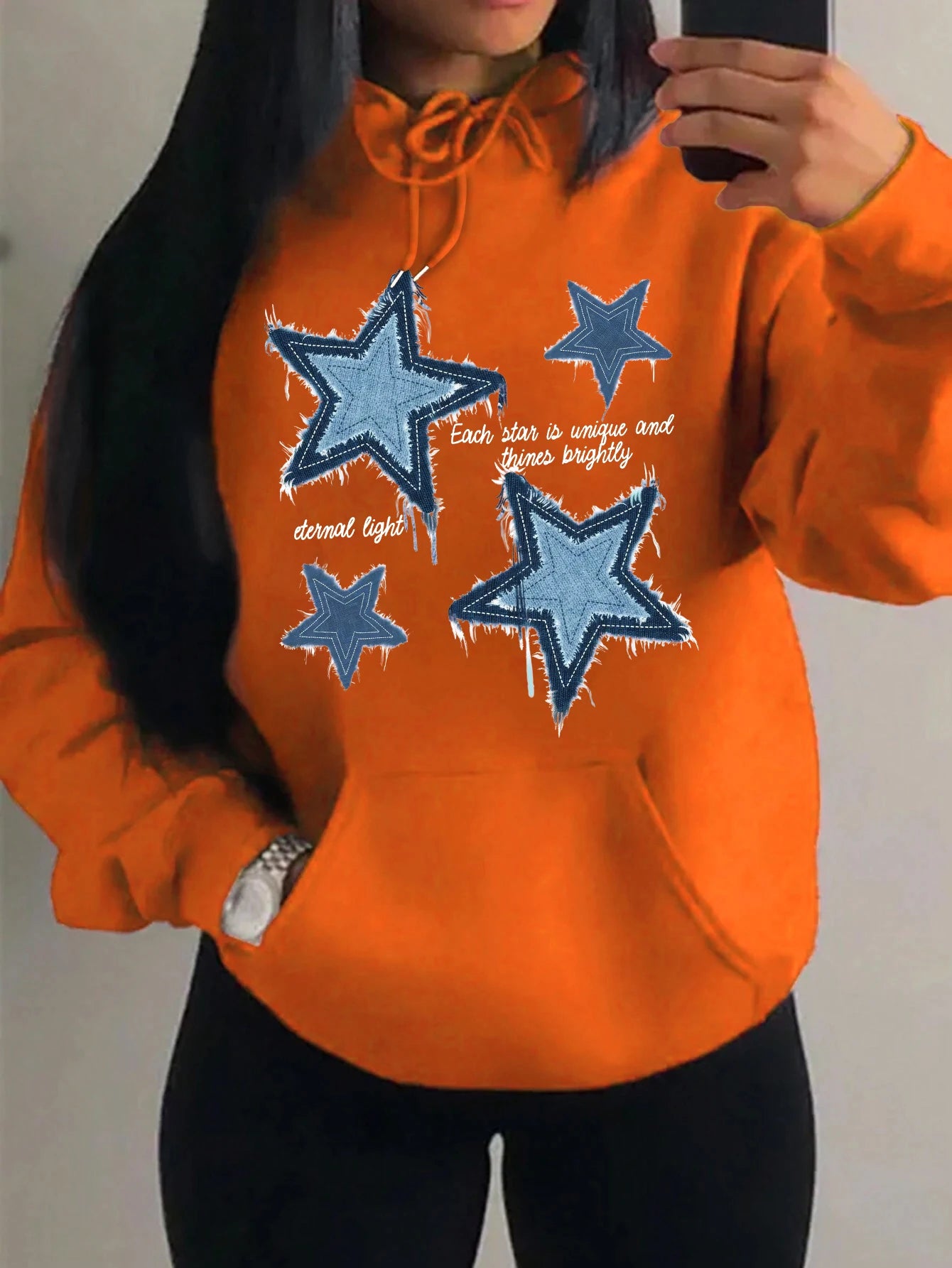 Brap - Retro Yıldız Baskılı Kadın Polar Hoodie