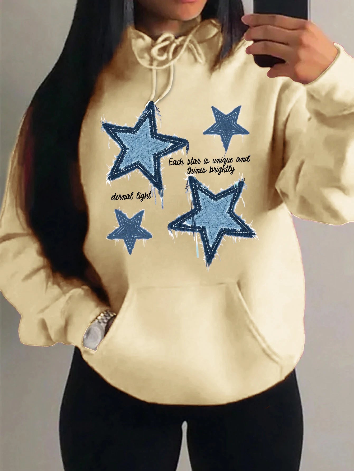 Brap - Retro Yıldız Baskılı Kadın Polar Hoodie