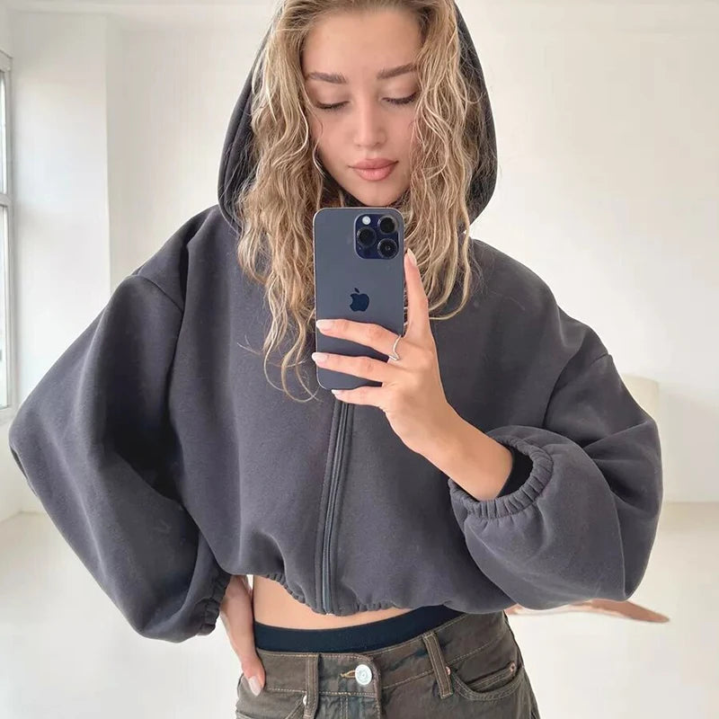 Kary - Kadın Fermuarlı Crop Hoodie