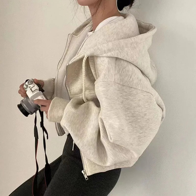 Lesadens -  Kadın Fermuarlı Kapüşonlu Crop Sweatshirt