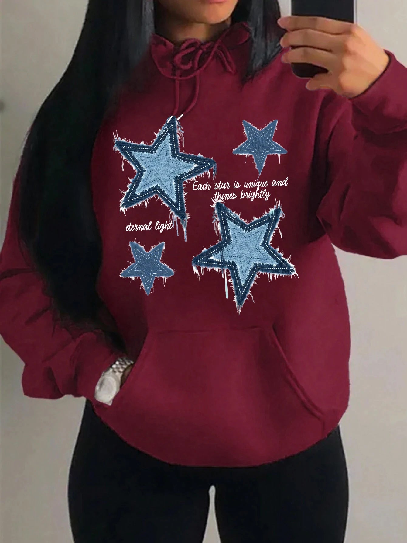 Brap - Retro Yıldız Baskılı Kadın Polar Hoodie