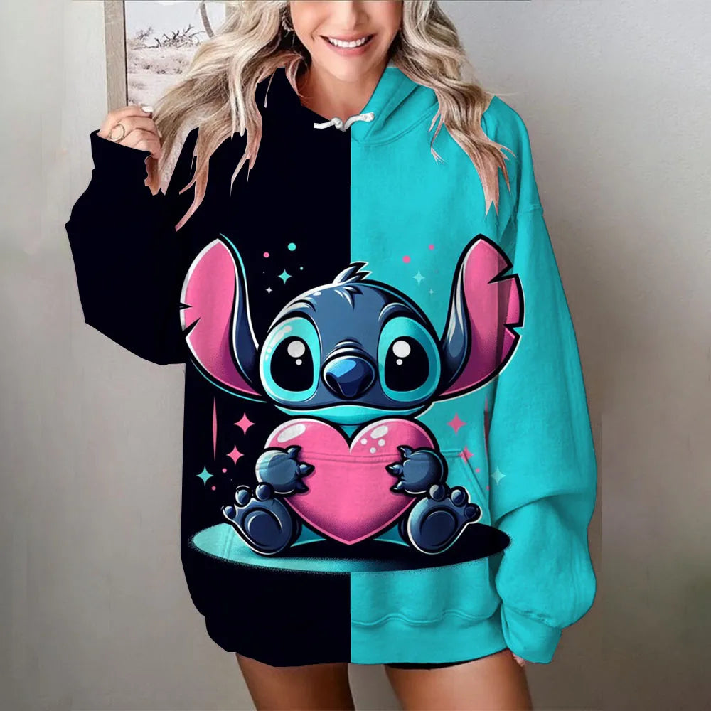Amnesia - Disney Stitch Baskılı Kadın Bol Hoodie