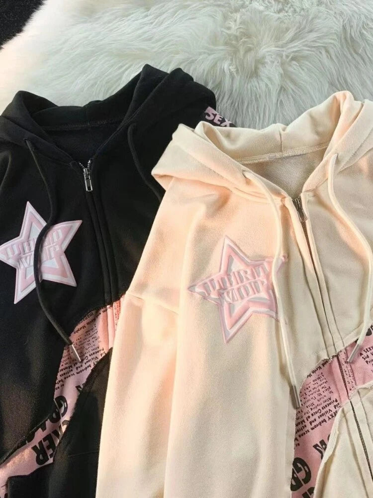 İdelsa - Kpop Yıldız Baskılı Kadın Fermuarlı Hoodie