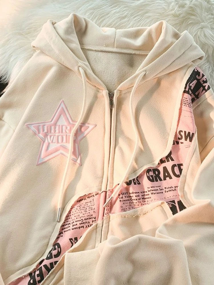 İdelsa - Kpop Yıldız Baskılı Kadın Fermuarlı Hoodie