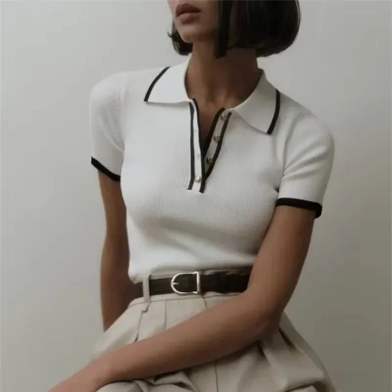 Chic -  Polo Yaka Örme Kadın Old Money Bluz