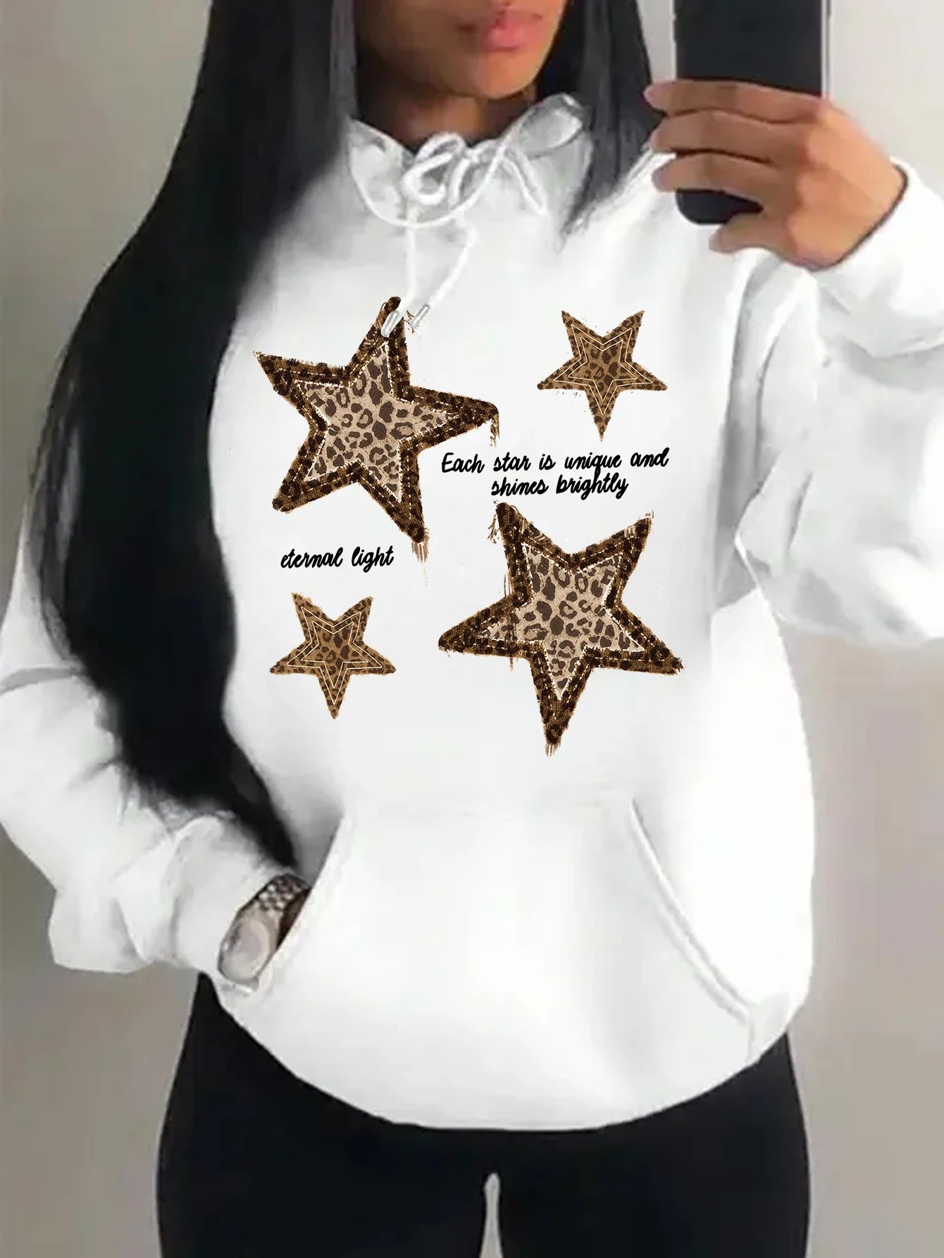 Brap - Retro Yıldız Baskılı Kadın Polar Hoodie