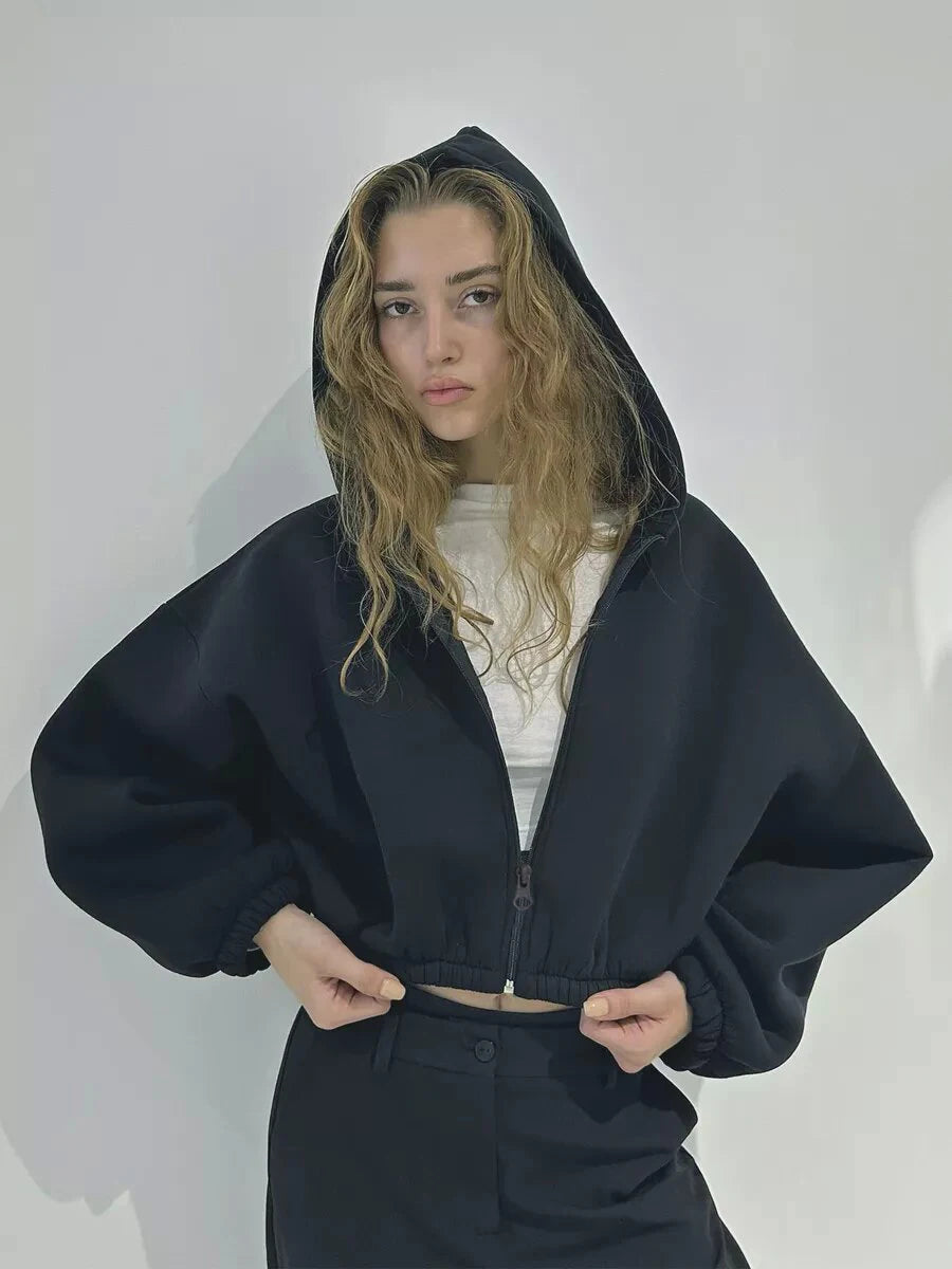 Kary - Kadın Fermuarlı Crop Hoodie