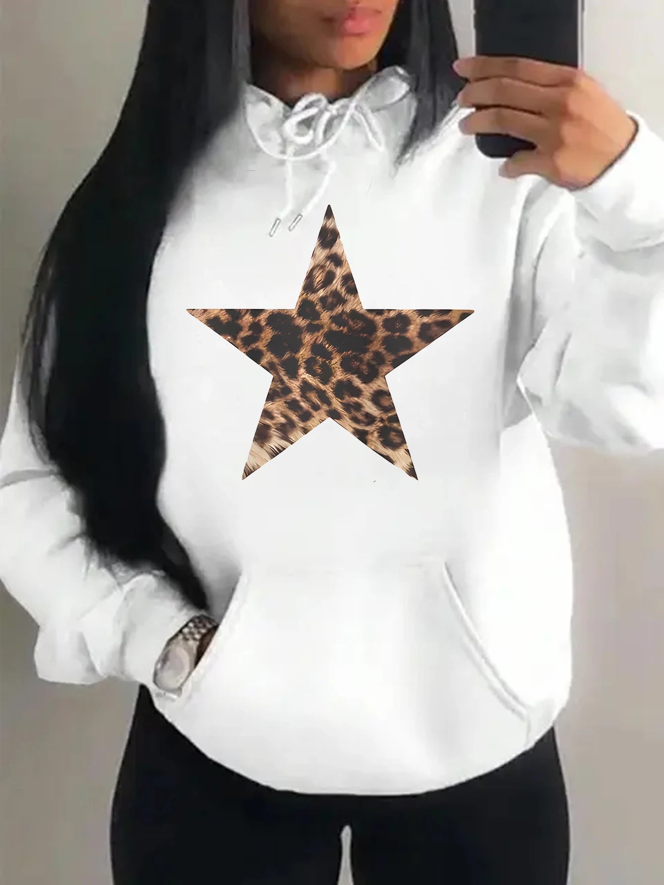 Brap - Retro Yıldız Baskılı Kadın Polar Hoodie