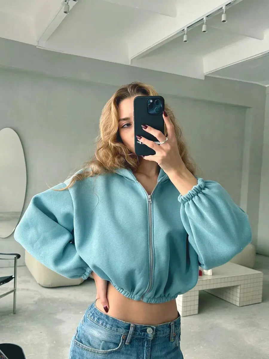 Kary - Kadın Fermuarlı Crop Hoodie